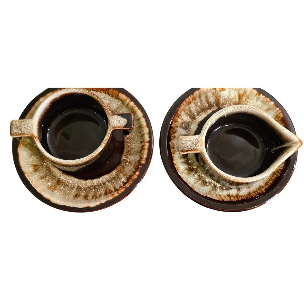Vintage Pfaltzgraff Creamer and Sugar Set Brown Village Drip Glazed READ‎
